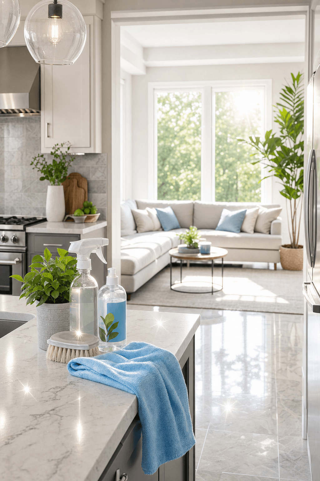 Freshly cleaned modern home interior with cleaning supplies, bright and welcoming