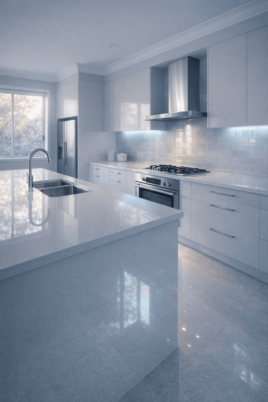 A sparkling, freshly deep-cleaned modern kitchen interior in a Canberra home with natural morning light and a calm, fresh atmosphere.