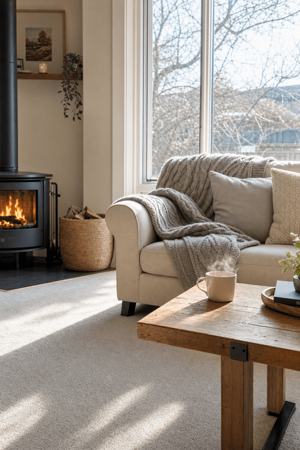 A calm, clean Canberra living room in winter with soft natural light, plush carpet, and a steaming mug of tea — the result of a proper deep clean that holds through the coldest months.