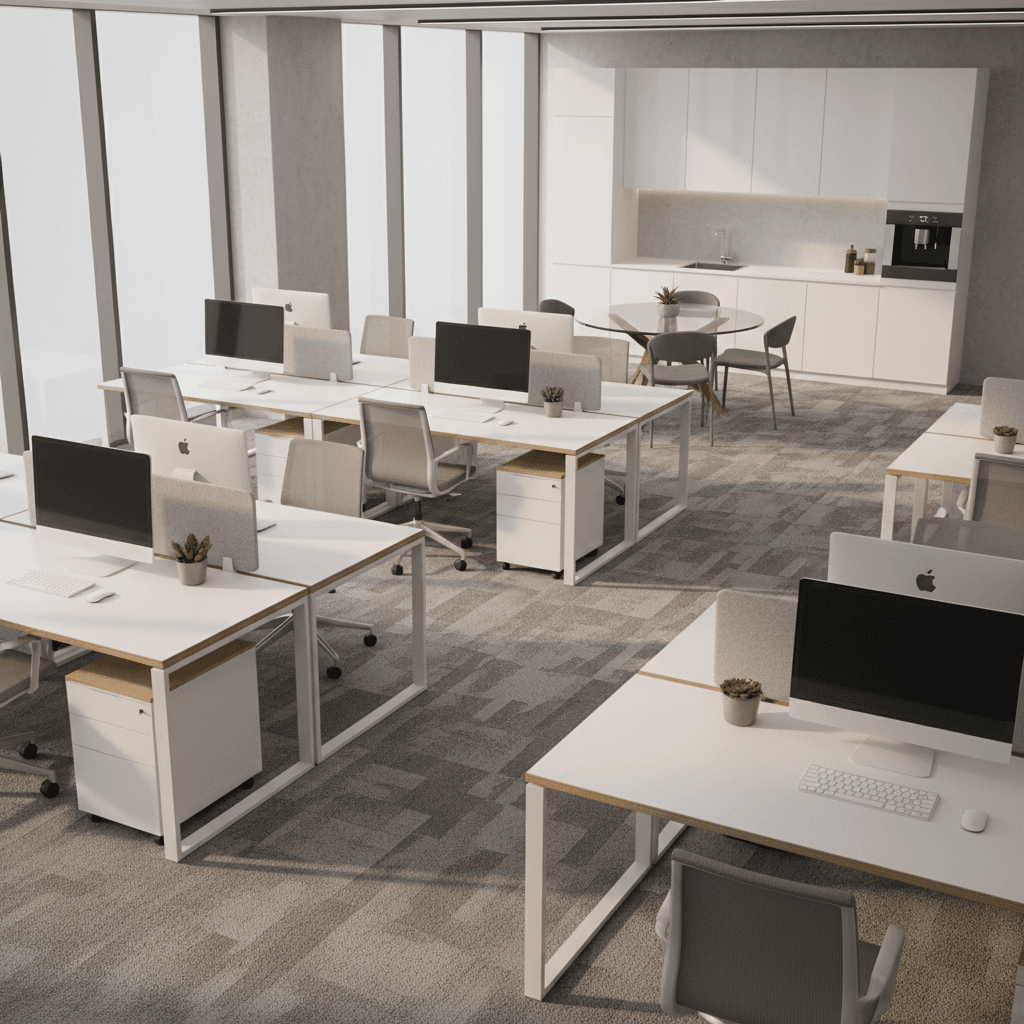Tidy open-plan office with clean desks and a clean kitchenette