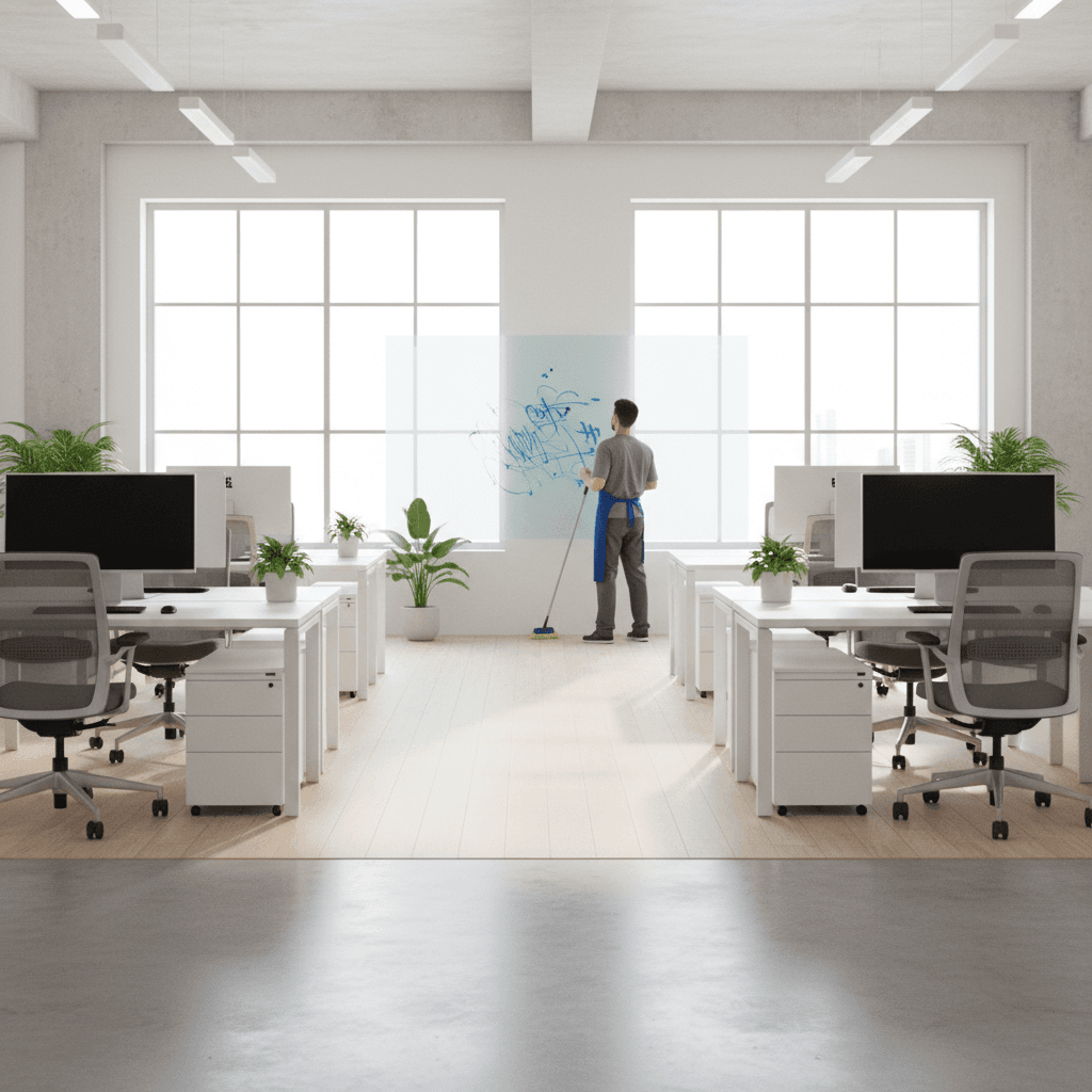Cleaner wiping a whiteboard in a bright open-plan office