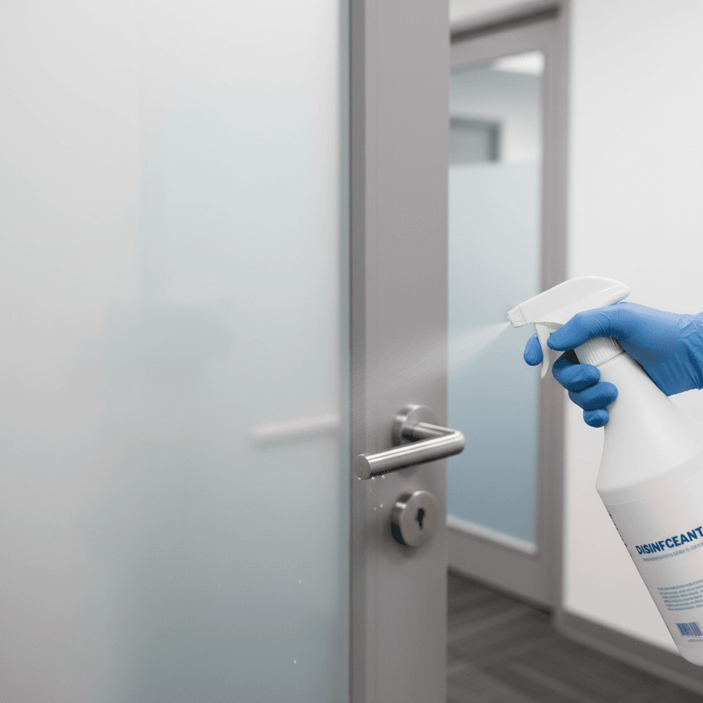 Gloved hand sanitising a door handle in an office corridor