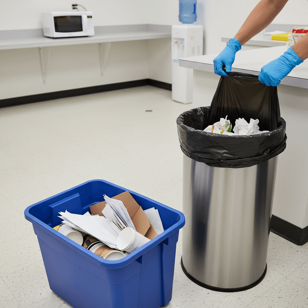 Hands tying a garbage bag in a commercial break room