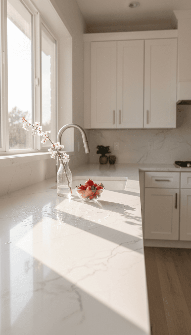 sparkling clean kitchen countertop with fresh morning light streaming through window