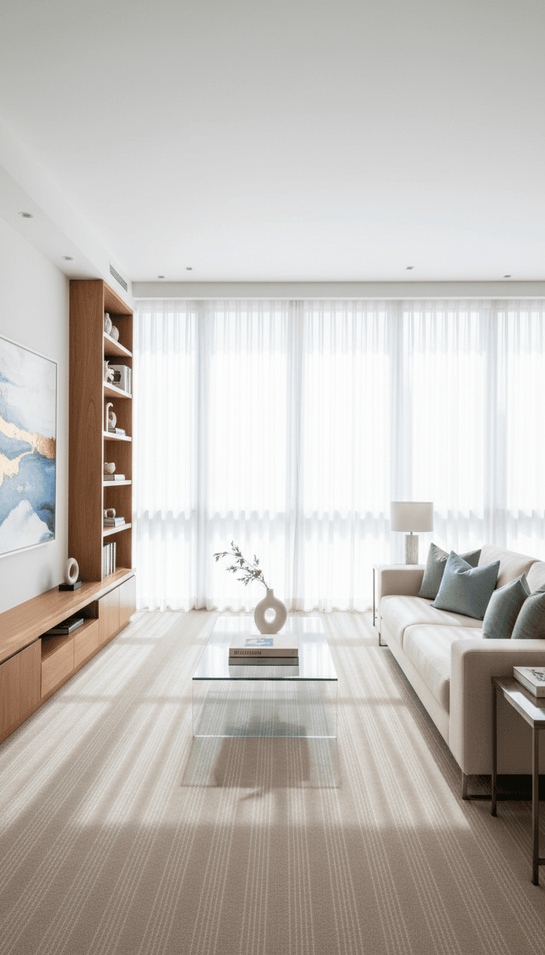 Immaculate living room with vacuum lines in carpet