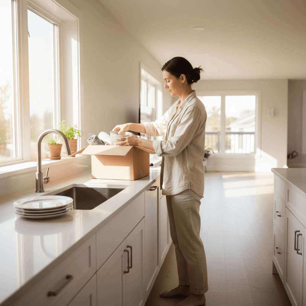 Person unpacking a box on a clean counter in a new kitchen