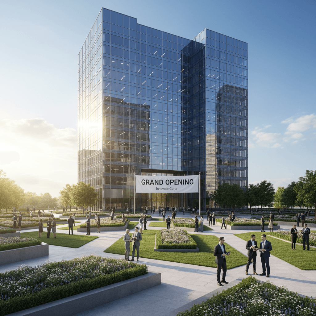 Modern glass office building with a landscaped plaza, stone walkways, and a grand opening sign.