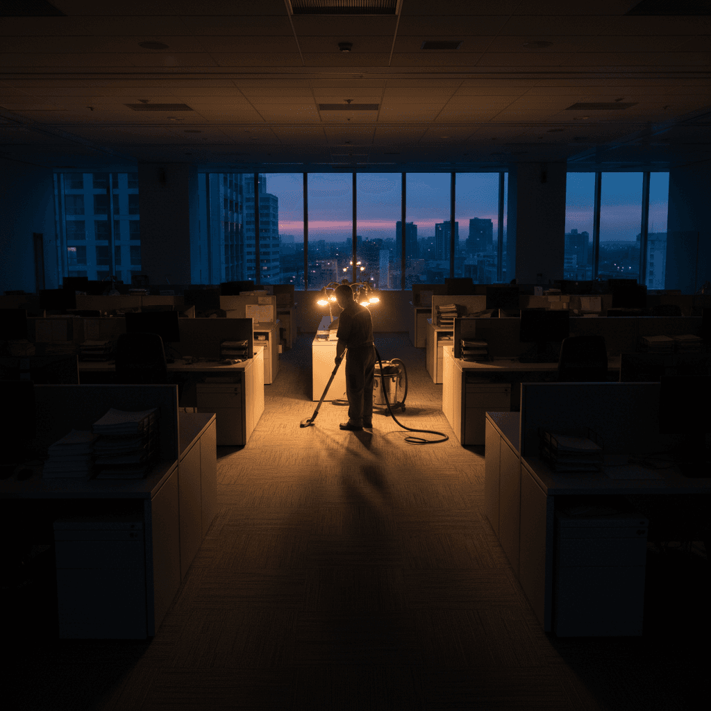 Cleaner vacuuming a quiet office after hours
