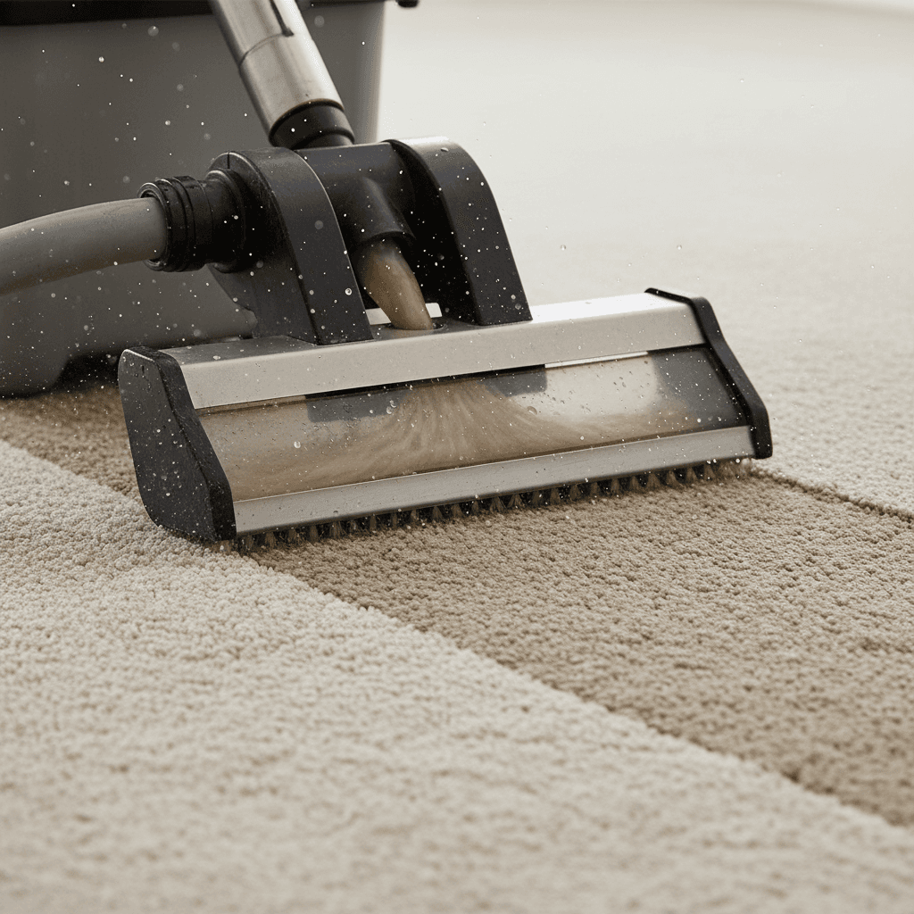 Carpet steam cleaning machine cleaning a light beige carpet