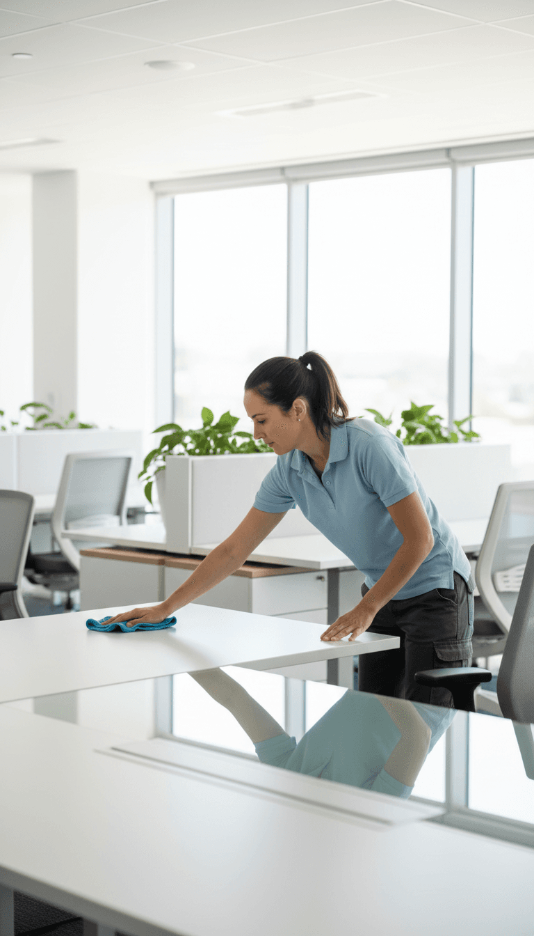 Professional cleaner wiping down a glass desk in a Canberra office