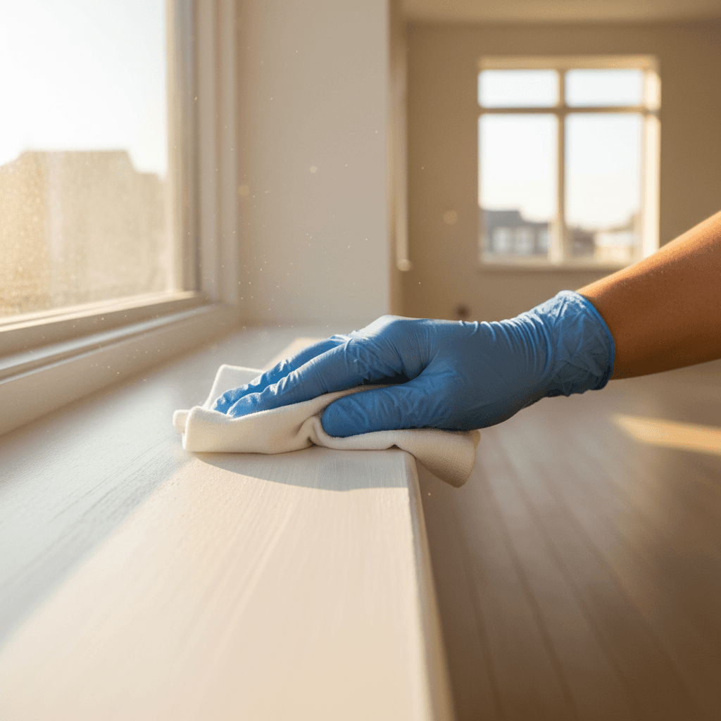Gloved hand wiping dust from a window sill in a bright empty room