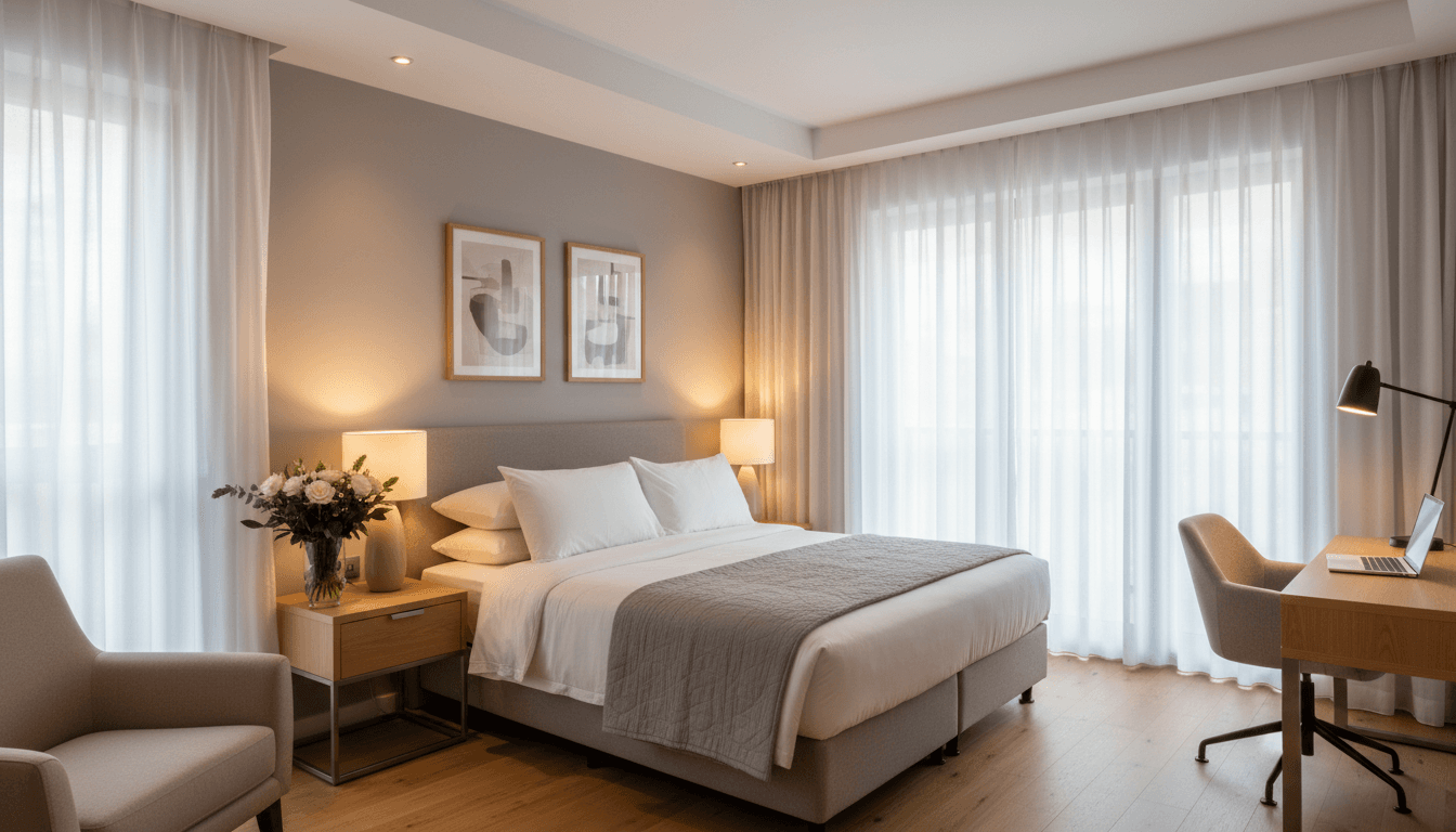 Dormitorio de un apartamento vacacional listo para recibir huéspedes, con sábanas limpias, alfombra aspirada y luz natural de la mañana en el norte de Canberra a través de cortinas traslúcidas.