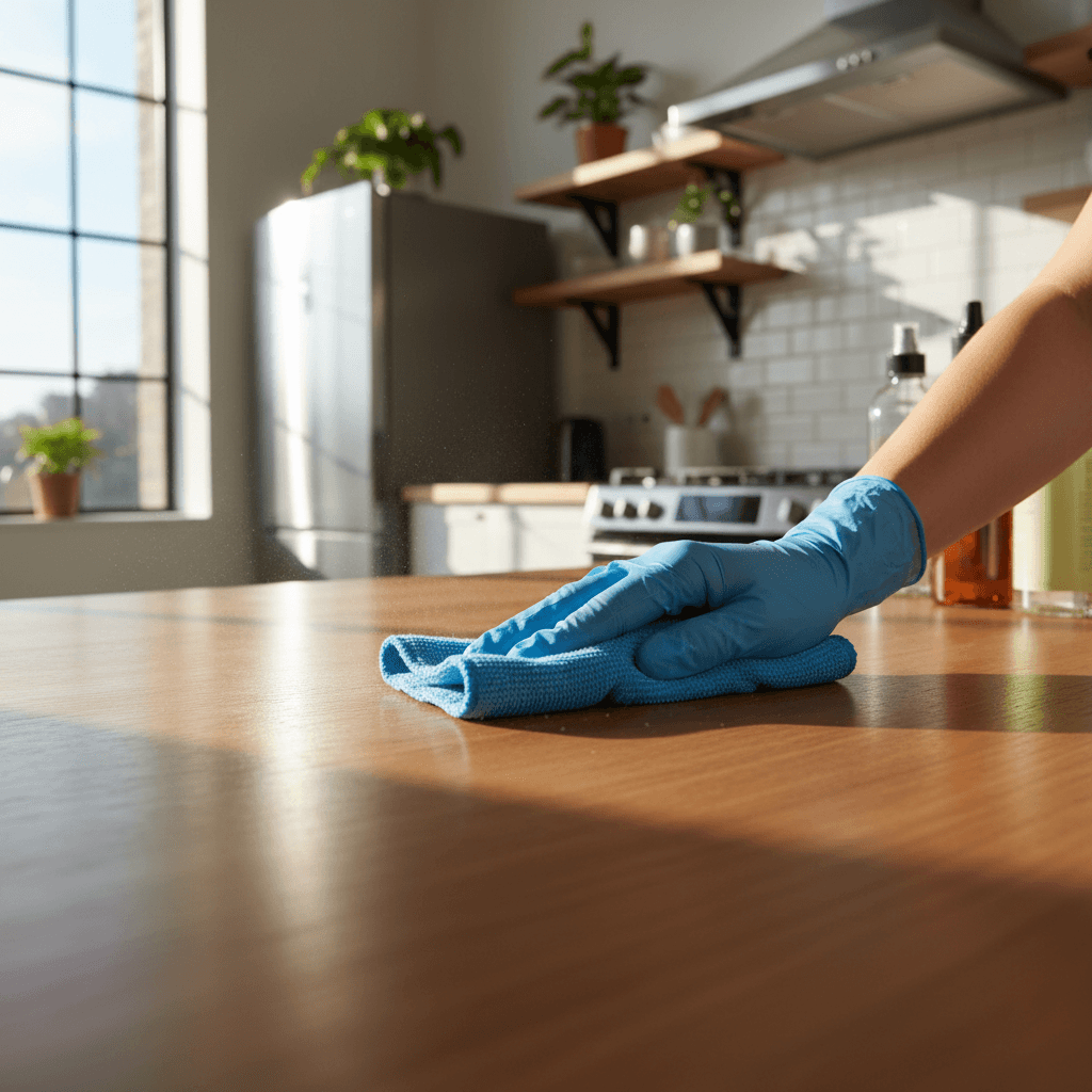 Professional cleaner in action cleaning a modern kitchen