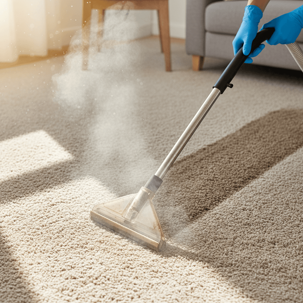 Technician operating professional steam cleaning machine on residential carpet with water extraction in progress